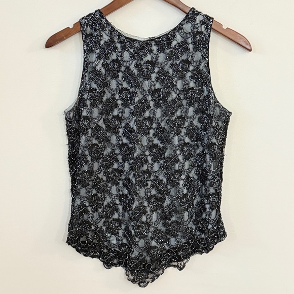 JKARA New York Floral Beaded Lace Overlay Top Medium Black Gray - Picture 1 of 6